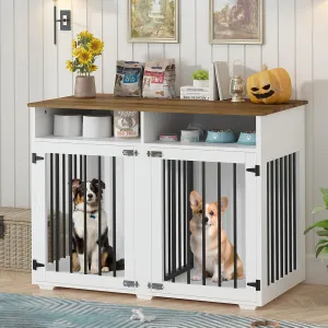 41 inch Dog Crate Furniture for 2 Dogs, Wooden Dog Cage with Storage Compartment, Indoor Dog Kennel with 2 Doors for Medium/Small Dogs, White