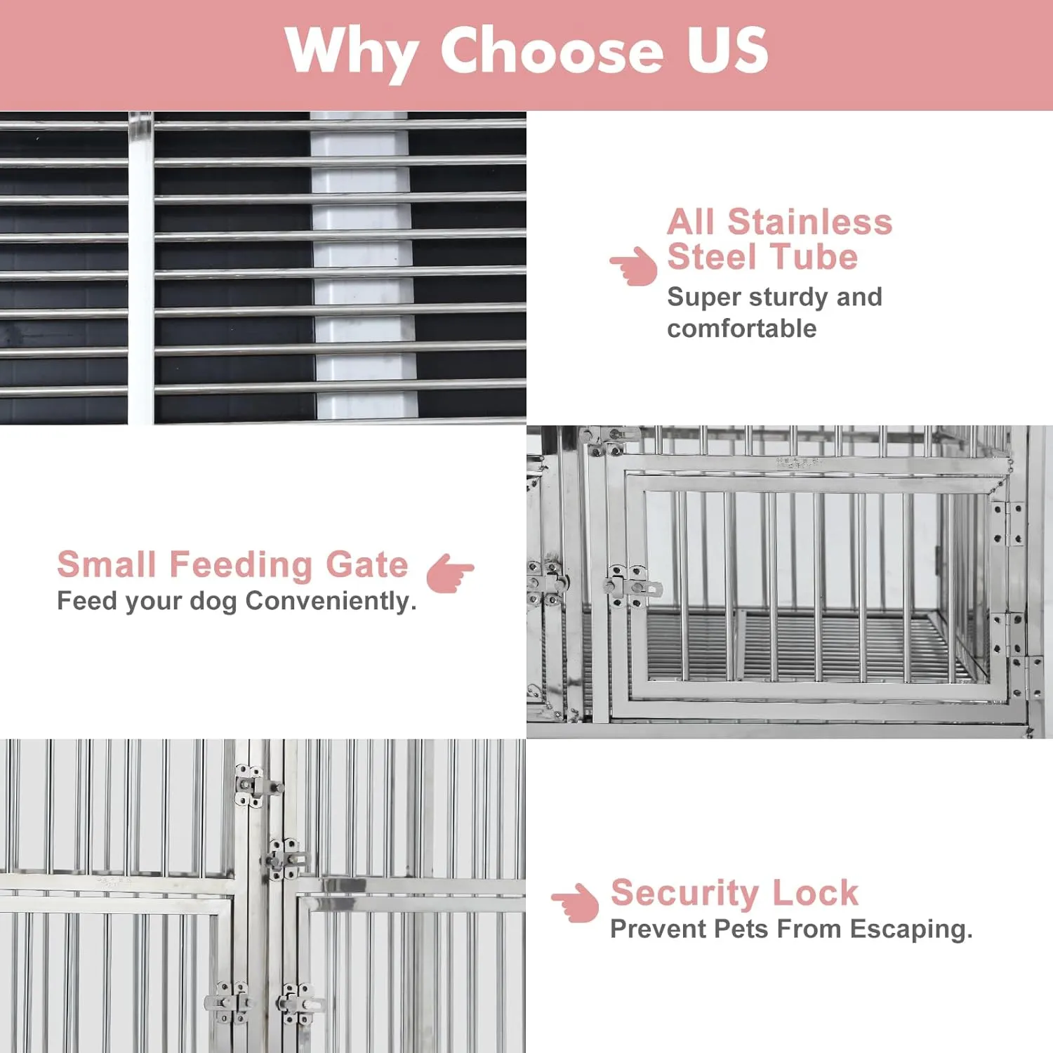 42-in Heavy Duty Dog Crate Cage Kennel with Wheels, Full Stainless Steel High Anxiety Indestructible Dog Crate, Sturdy Locks Design, Double Door Small Door Design & Removable Tray Design Silver