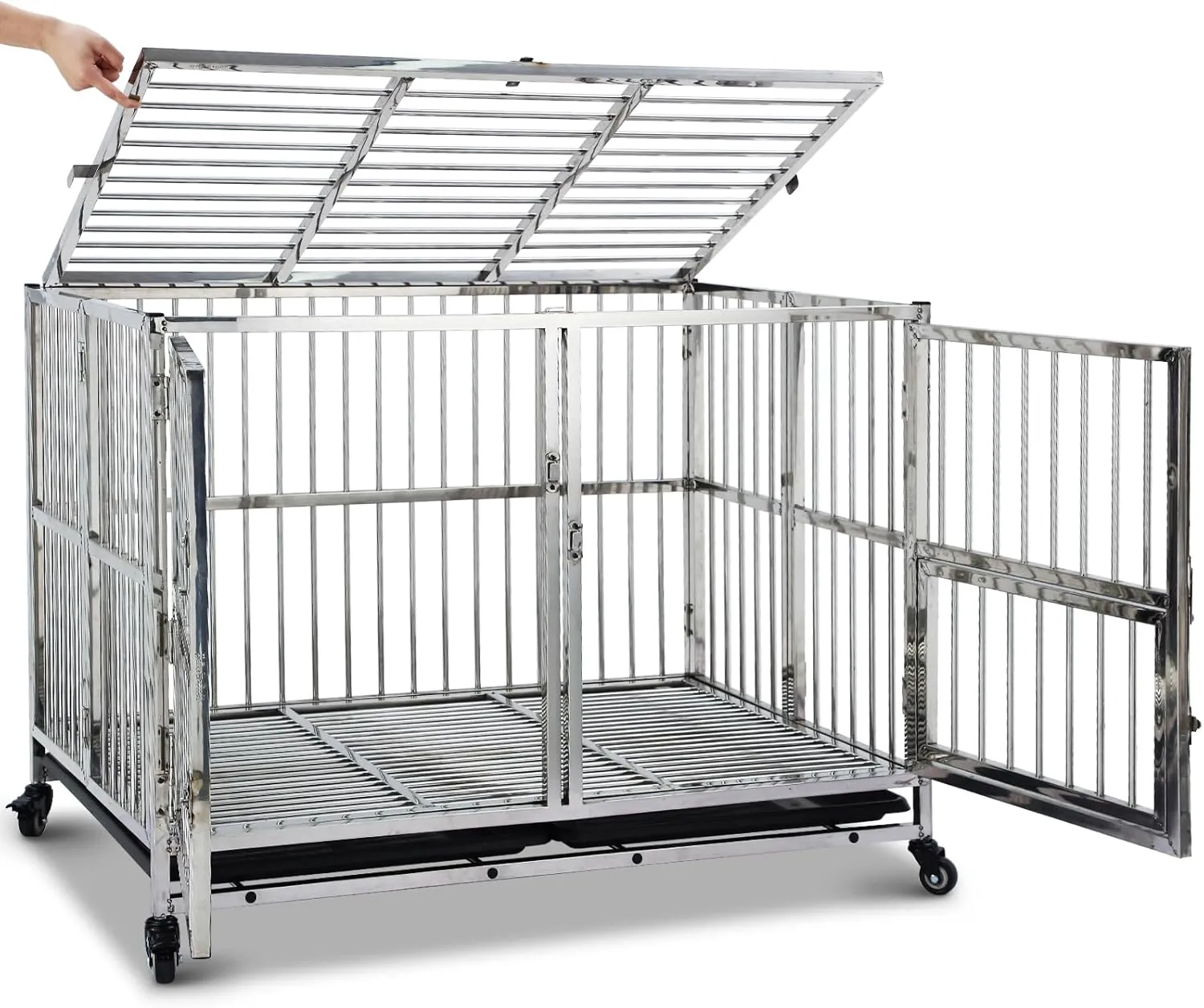 42-in Heavy Duty Dog Crate Cage Kennel with Wheels, Full Stainless Steel High Anxiety Indestructible Dog Crate, Sturdy Locks Design, Double Door Small Door Design & Removable Tray Design Silver