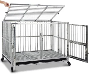 42-in Heavy Duty Dog Crate Cage Kennel with Wheels, Full Stainless Steel High Anxiety Indestructible Dog Crate, Sturdy Locks Design, Double Door Small Door Design & Removable Tray Design Silver