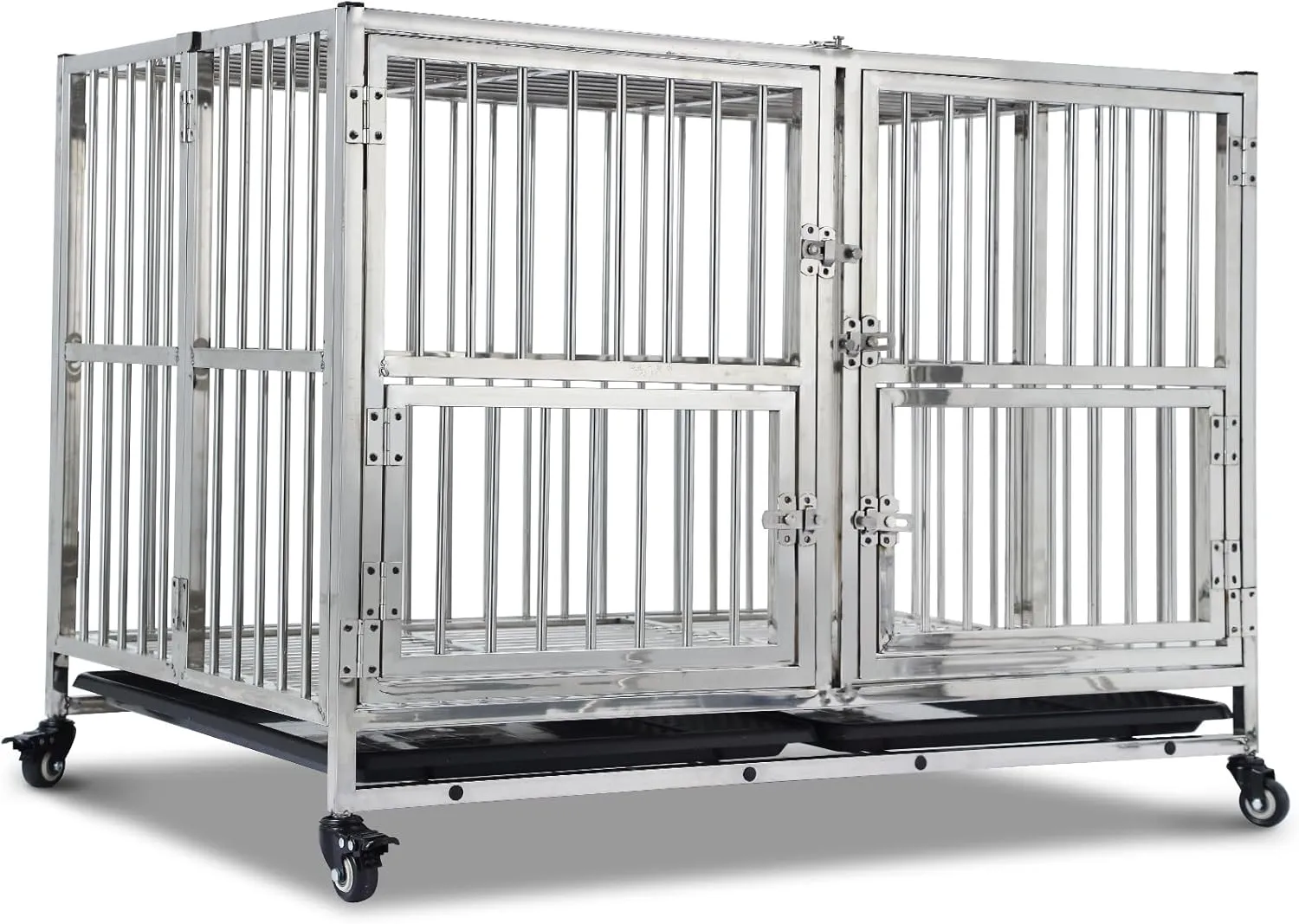 42" Heavy Duty Dog Crate Cage Kennel with Wheels, Full Stainless Steel High Anxiety Indestructible Dog Crate, Sturdy Locks Design, Double Door Small Door Design & Removable Tray Design Silver (42 in)