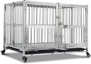 42" Heavy Duty Dog Crate Cage Kennel with Wheels, Full Stainless Steel High Anxiety Indestructible Dog Crate, Sturdy Locks Design, Double Door Small Door Design & Removable Tray Design Silver (42 in)