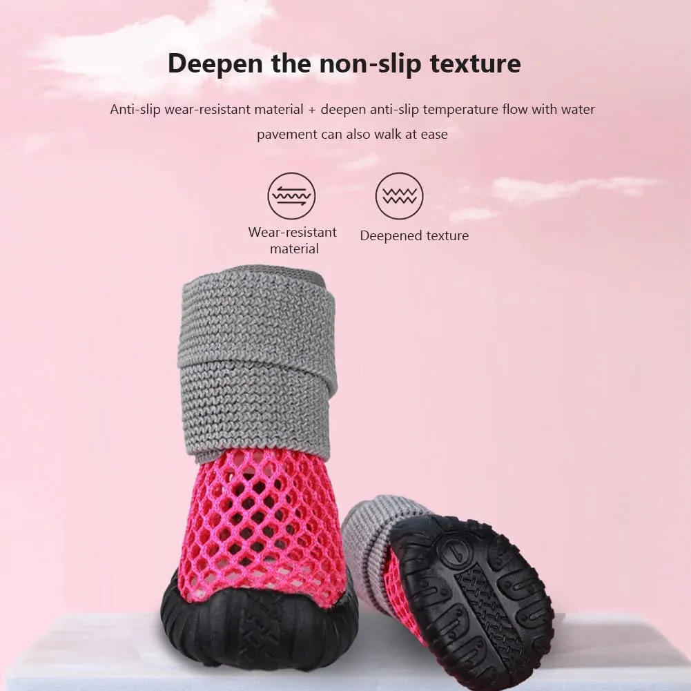 4pcs Dog Shoes Breathable Mesh Boots Shoes, Dog Boots for Dogs Non-Slip Dog Boots for Small Dogs, Anti-Slip Cats Puppy Comfortable Booties Rose Red 12-14 Pounds Size 4