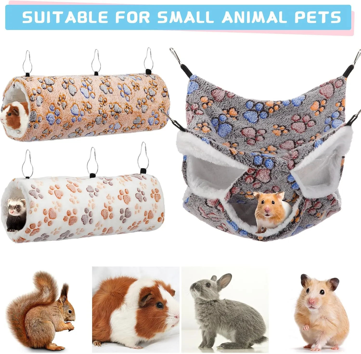 Abbylike 9 Pieces Rat Hammock Guinea Pig Ferret Hammocks Small Pet Hanging Tunnel Glider Toy Guinea Pig Ferret Hideout Bed Cage Accessories for Hamster(Light Brown, White, Black,Paw)