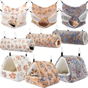 Abbylike 9 Pieces Rat Hammock Guinea Pig Ferret Hammocks Small Pet Hanging Tunnel Glider Toy Guinea Pig Ferret Hideout Bed Cage Accessories for Hamster(Light Brown, White, Black,Paw)