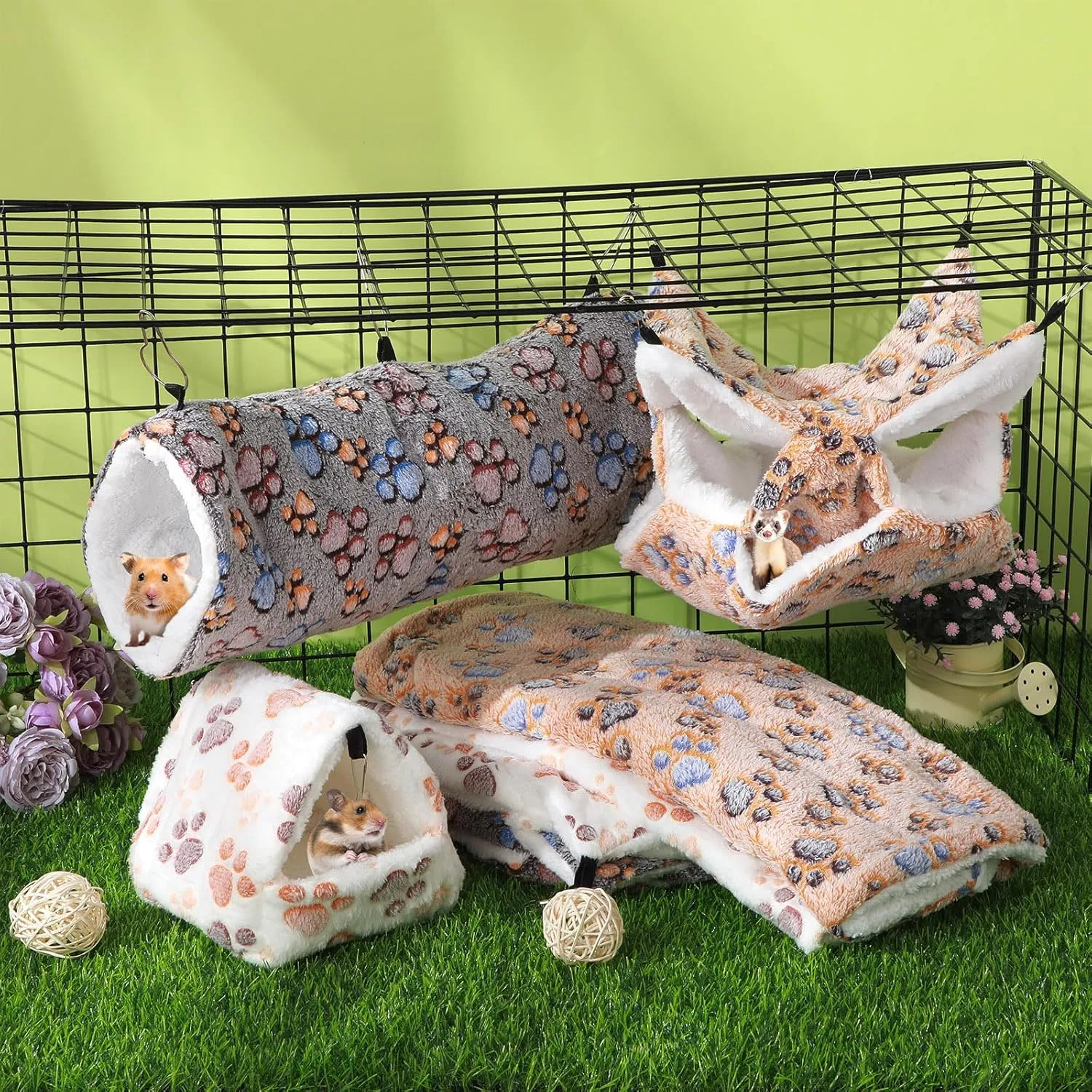 Abbylike 9 Pieces Rat Hammock Guinea Pig Ferret Hammocks Small Pet Hanging Tunnel Glider Toy Guinea Pig Ferret Hideout Bed Cage Accessories for Hamster(Light Brown, White, Black,Paw)