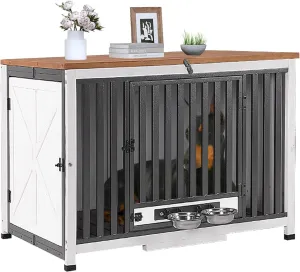 Aivituvin Dog Crate Furniture Foldable Side End Table Expandable Solid Wood Dog Kennel with 360 Rotatable Dog Bowls Indoor Cage, No Assembly Needed (Left Door Openable)