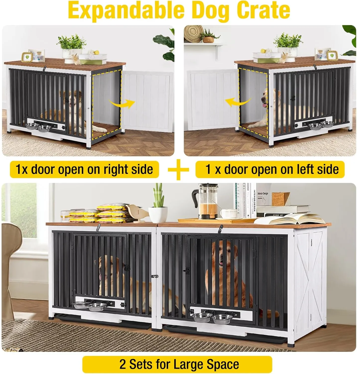 Aivituvin Dog Crate Furniture Foldable Side End Table Expandable Solid Wood Dog Kennel with 360 Rotatable Dog Bowls Indoor Cage, No Assembly Needed (Left Door Openable)