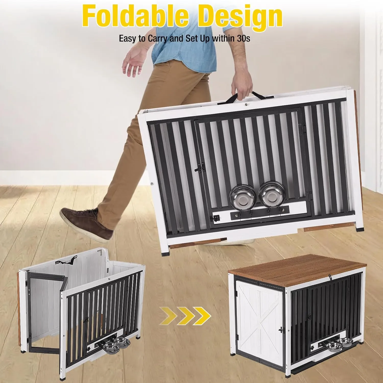 Aivituvin Dog Crate Furniture Foldable Side End Table Expandable Solid Wood Dog Kennel with 360 Rotatable Dog Bowls Indoor Cage, No Assembly Needed (Left Door Openable)
