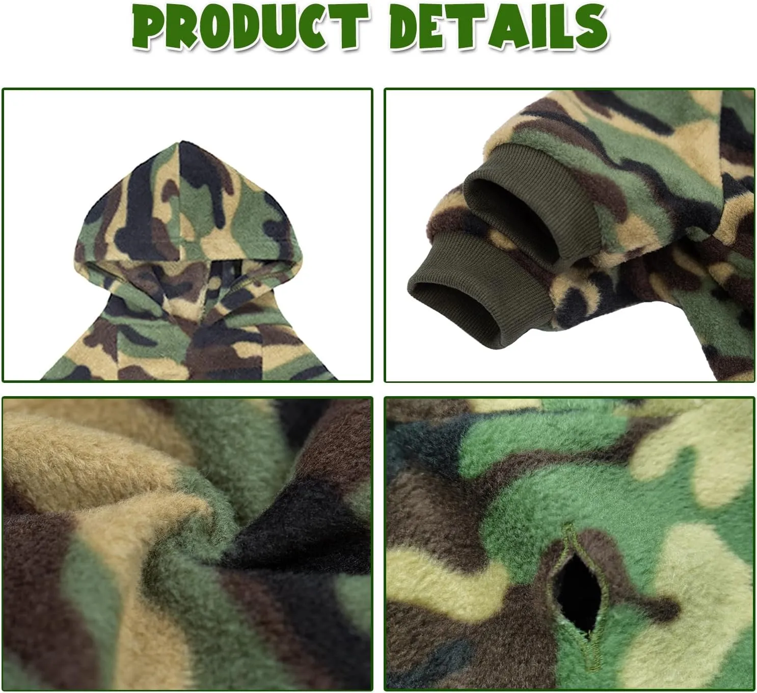 Camo Hoodie, Winter Dog Clothes, Pet Hooded Sweatershirt Pullover, Cat & Dog Coat Apparel (Green Fleece, XS)