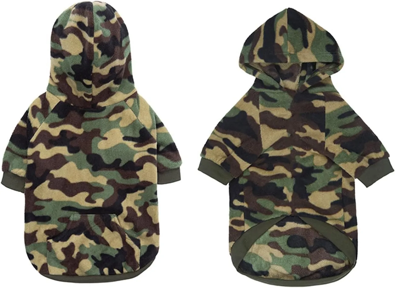 Camo Hoodie, Winter Dog Clothes, Pet Hooded Sweatershirt Pullover, Cat & Dog Coat Apparel (Green Fleece, XS)