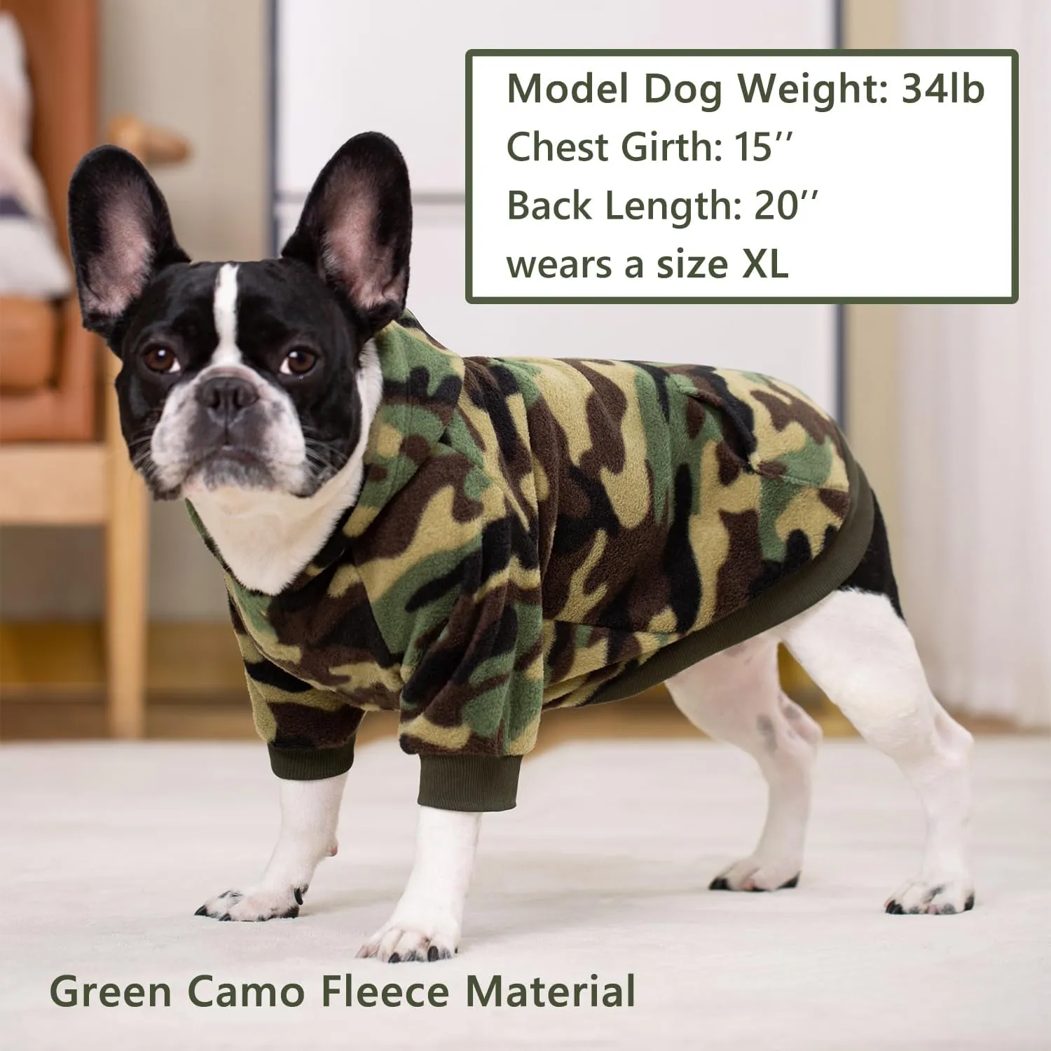 Camo Hoodie, Winter Dog Clothes, Pet Hooded Sweatershirt Pullover, Cat & Dog Coat Apparel (Green Fleece, XS)