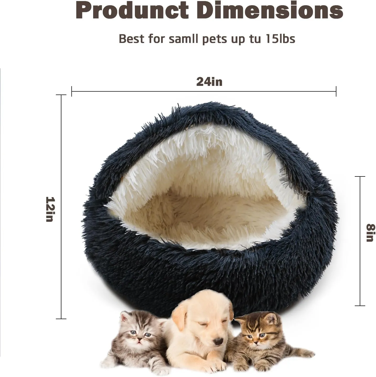Cat Bed for Indoor Cats, Calming Cozy Cave with Self-Warming Plush, Entire Bed Machine Washable & Anti-Slip Base, Breathable Pet Bed for Small Cats&Dogs All Seasons (Dark Gray, 24*24inch)