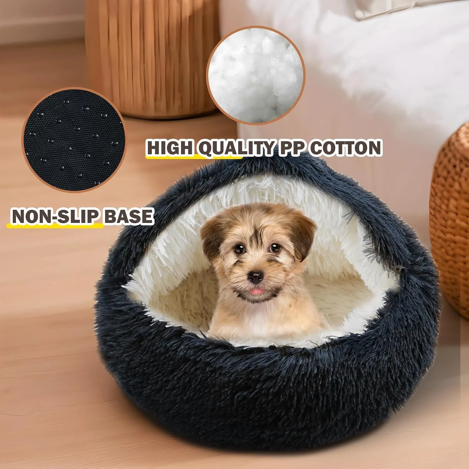 Cat Bed for Indoor Cats, Calming Cozy Cave with Self-Warming Plush, Entire Bed Machine Washable & Anti-Slip Base, Breathable Pet Bed for Small Cats&Dogs All Seasons (Dark Gray, 24*24inch)