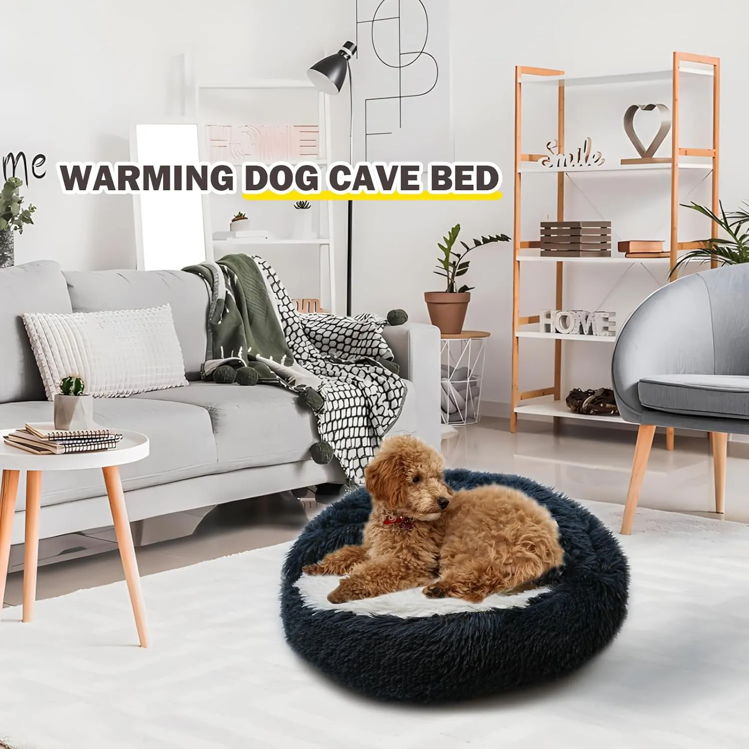 Cat Bed for Indoor Cats, Calming Cozy Cave with Self-Warming Plush, Entire Bed Machine Washable & Anti-Slip Base, Breathable Pet Bed for Small Cats&Dogs All Seasons (Dark Gray, 24*24inch)