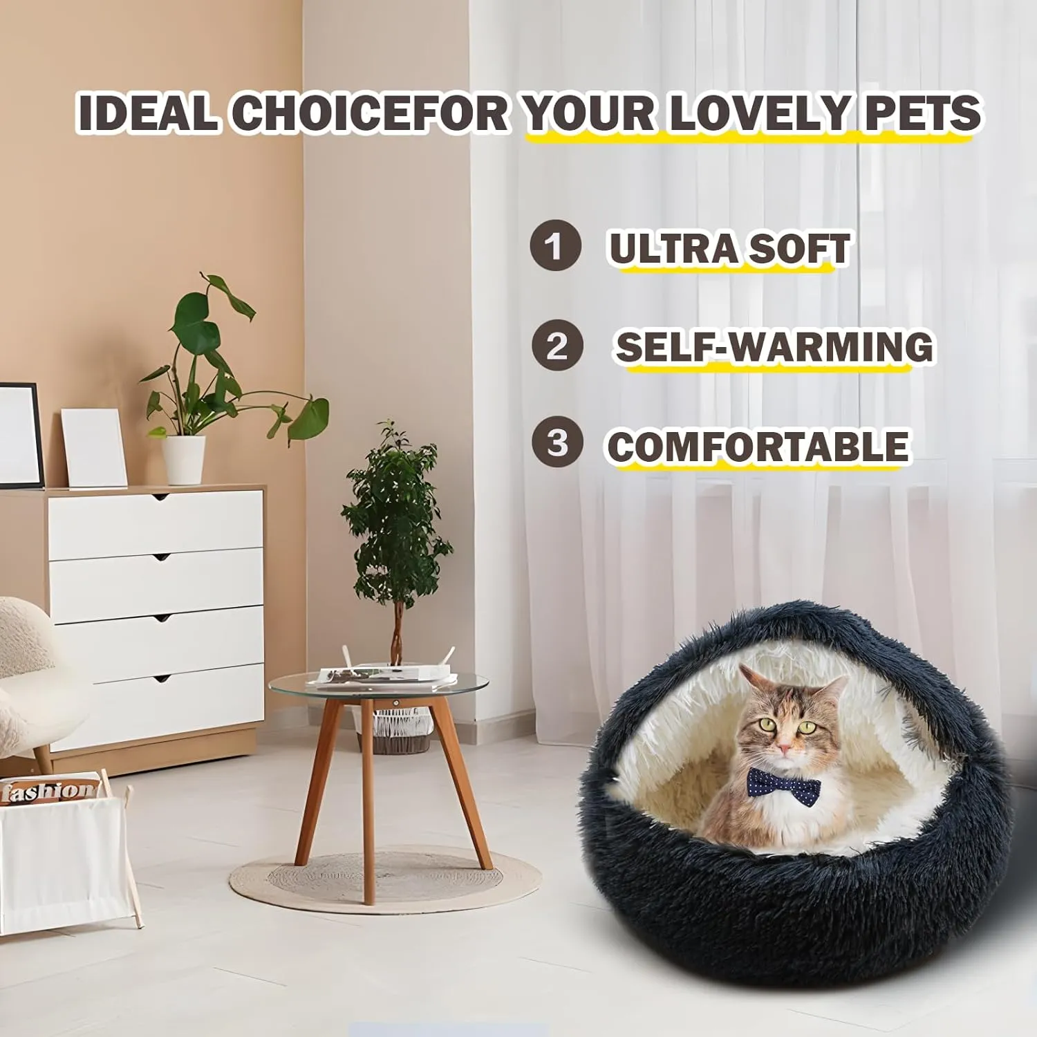 Cat Bed for Indoor Cats, Calming Cozy Cave with Self-Warming Plush, Entire Bed Machine Washable & Anti-Slip Base, Breathable Pet Bed for Small Cats&Dogs All Seasons (Dark Gray, 24*24inch)