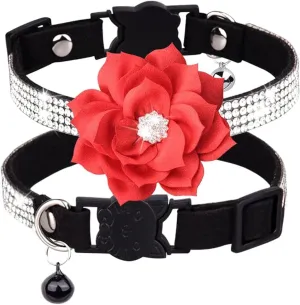Cat Collars,Rhinestone for Girl Cats Bling Kitten Flower Adjustable Breakaway Collar with Bell Soft Velvet Leather Collar for Puppy Small Dogs (Black1)