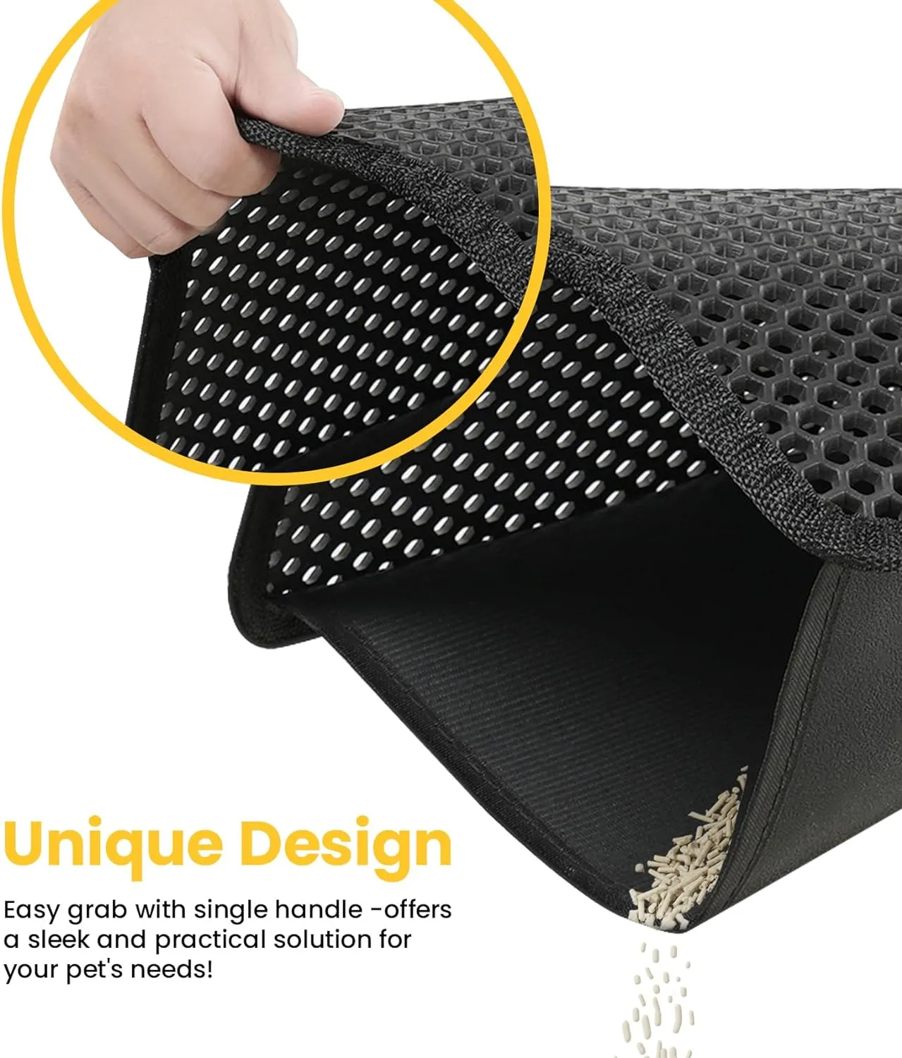 Cat Litter Mat 23"x17", Honeycomb Double Layer Waterproof Urine Proof Trapping Waste for Kitty Litter Box, Washable, No Slip Cat Matt for Floor, Black