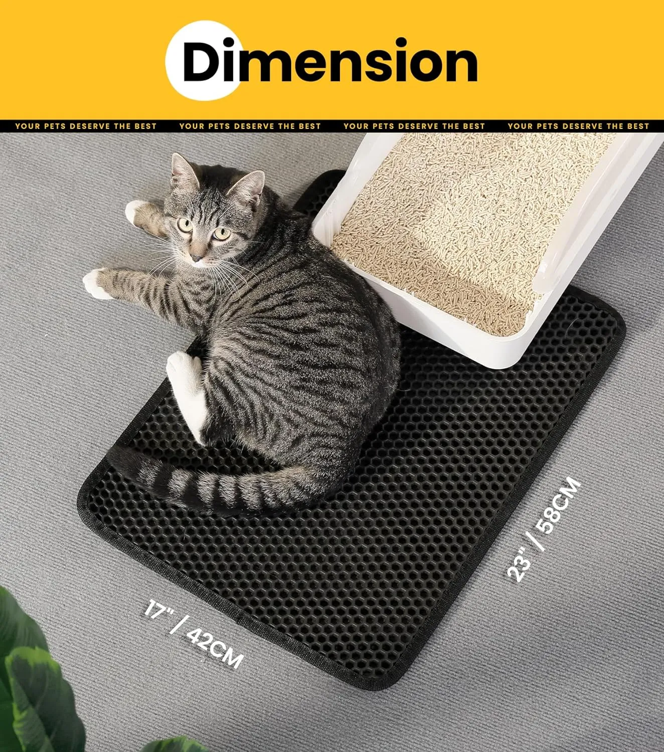 Cat Litter Mat 23"x17", Honeycomb Double Layer Waterproof Urine Proof Trapping Waste for Kitty Litter Box, Washable, No Slip Cat Matt for Floor, Black