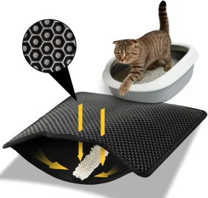 Cat Litter Mat 23"x17", Honeycomb Double Layer Waterproof Urine Proof Trapping Waste for Kitty Litter Box, Washable, No Slip Cat Matt for Floor, Black