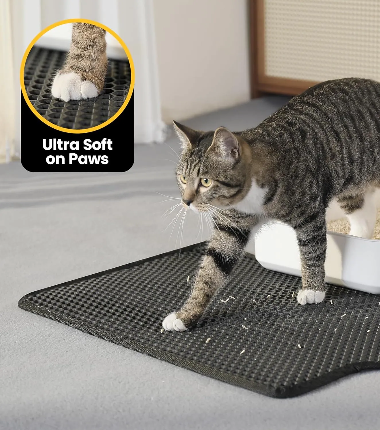 Cat Litter Mat 23"x17", Honeycomb Double Layer Waterproof Urine Proof Trapping Waste for Kitty Litter Box, Washable, No Slip Cat Matt for Floor, Black