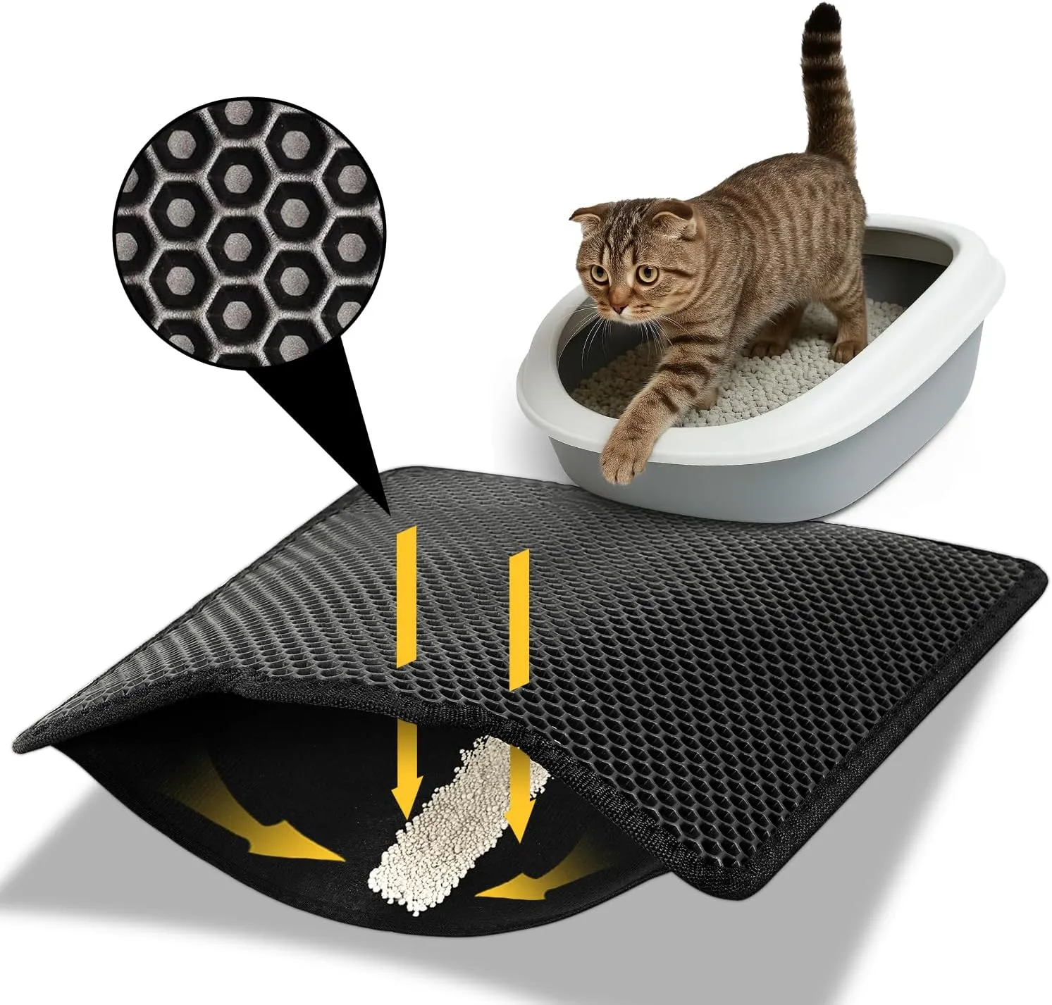 Cat Litter Mat 23"x17", Honeycomb Double Layer Waterproof Urine Proof Trapping Waste for Kitty Litter Box, Washable, No Slip Cat Matt for Floor, Black