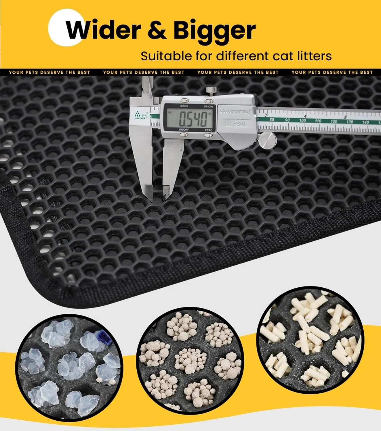 Cat Litter Mat 23"x17", Honeycomb Double Layer Waterproof Urine Proof Trapping Waste for Kitty Litter Box, Washable, No Slip Cat Matt for Floor, Black