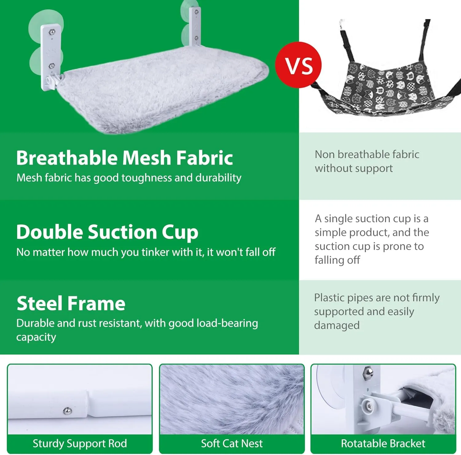 Cat Window Perch, Foldable Cats Hammock for Window with 4 Strong Suction Cups, Solid Metal Frame and Emovable Soft Cover, Beds for Indoor Cats, Light Gray