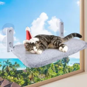 Cat Window Perch, Foldable Cats Hammock for Window with 4 Strong Suction Cups, Solid Metal Frame and Emovable Soft Cover, Beds for Indoor Cats, Light Gray