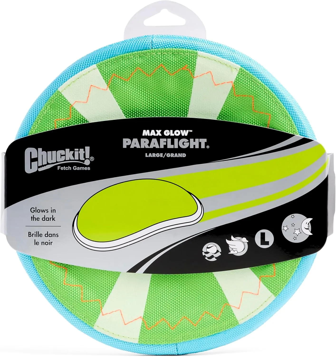 Chuckit! Max Glow Paraflight Flying Disc Dog Toy - Water Floating Flyer - Durable Nylon Construction with Soft Rubber Edges - For Medium and Large Dogs - Size Large - 9.75" L x 9.75" W - Pack of 1