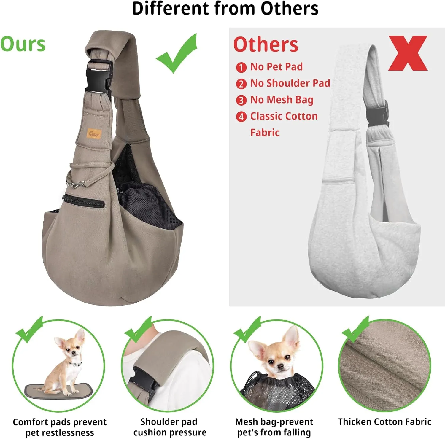 CUBY Dog and Cat Sling Carrier - Hands Free Reversible Pet Papoose Bag - Soft Pouch and Tote Design - Suitable for Puppy, Small Dogs Cats Outdoor (Khaki Senior, Adjust Strap 2.0)