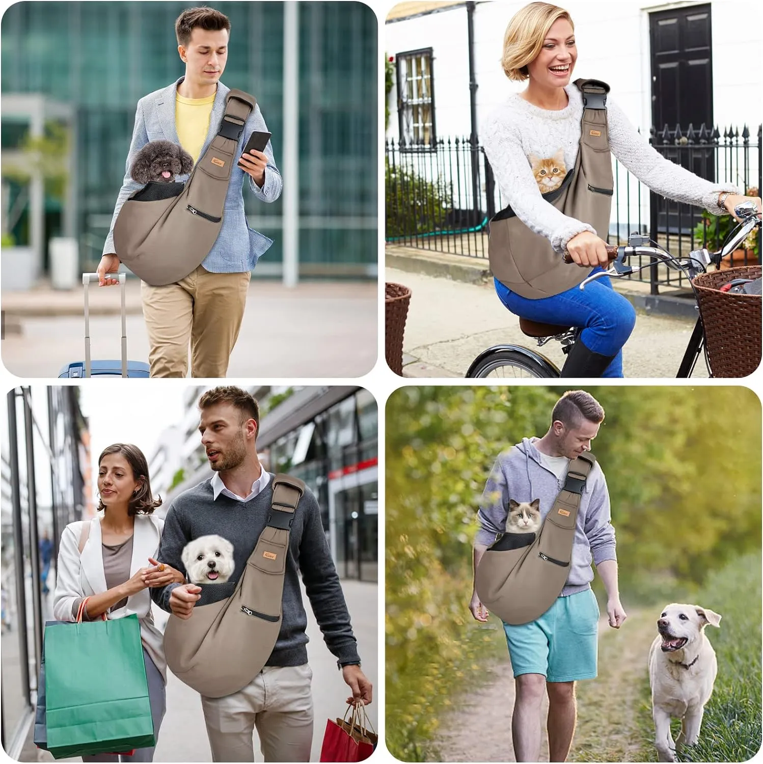 CUBY Dog and Cat Sling Carrier - Hands Free Reversible Pet Papoose Bag - Soft Pouch and Tote Design - Suitable for Puppy, Small Dogs Cats Outdoor (Khaki Senior, Adjust Strap 2.0)