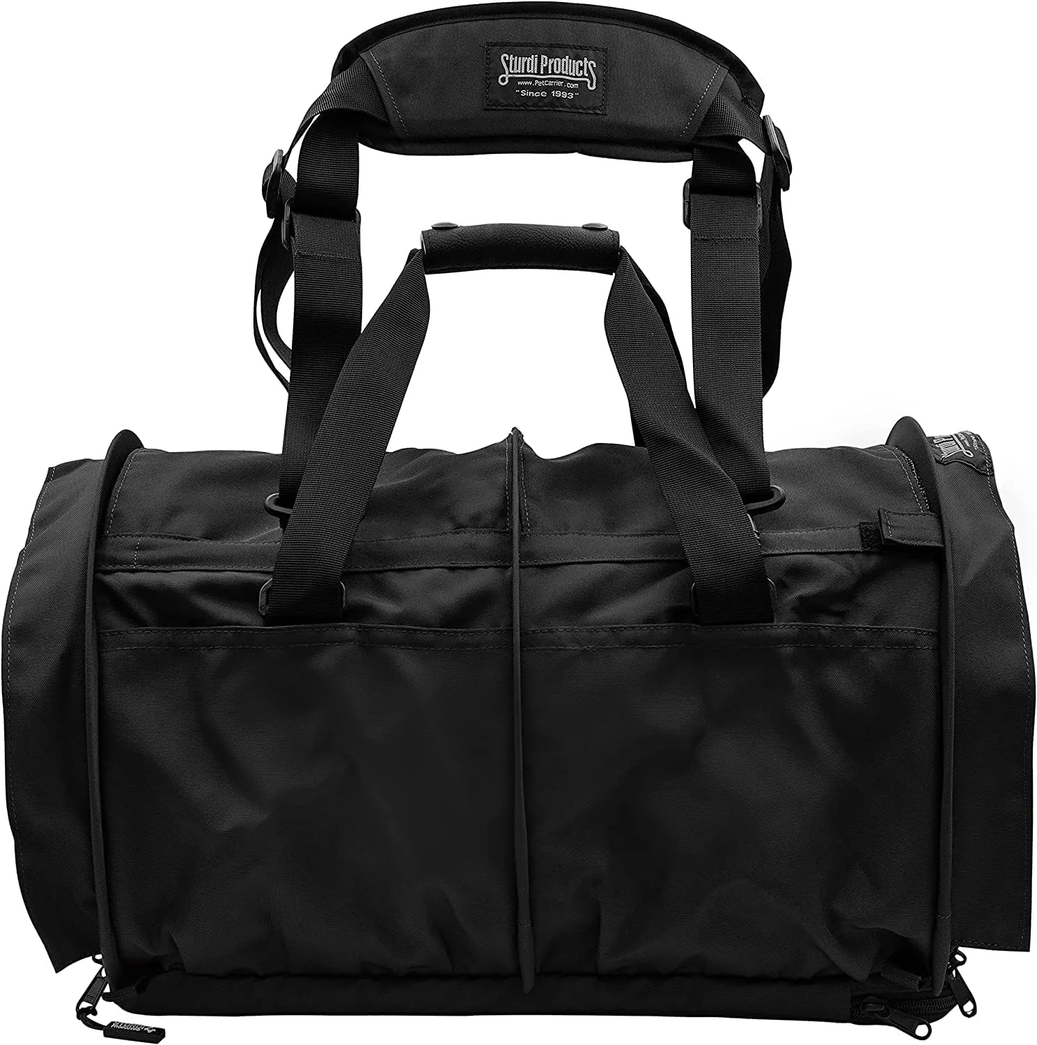 Divided SturdiBag Large Pet Carrier: Compartment for 2 Pets, Flexible Height for Cat and Dog Soft Sided with Safety Clips and Seatbelt Straps | Black, 18" x 12" x 12" (PN: SB2D-PRO-BL)