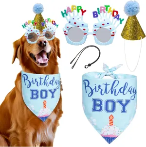 Dog Birthday Party Supplies Set - Happy Birthday Bandana, Pet Party Hat with Fixed Rope, Dog Birthday Glasses - Complete Decorations for Your Pup's Celebration(Blue)