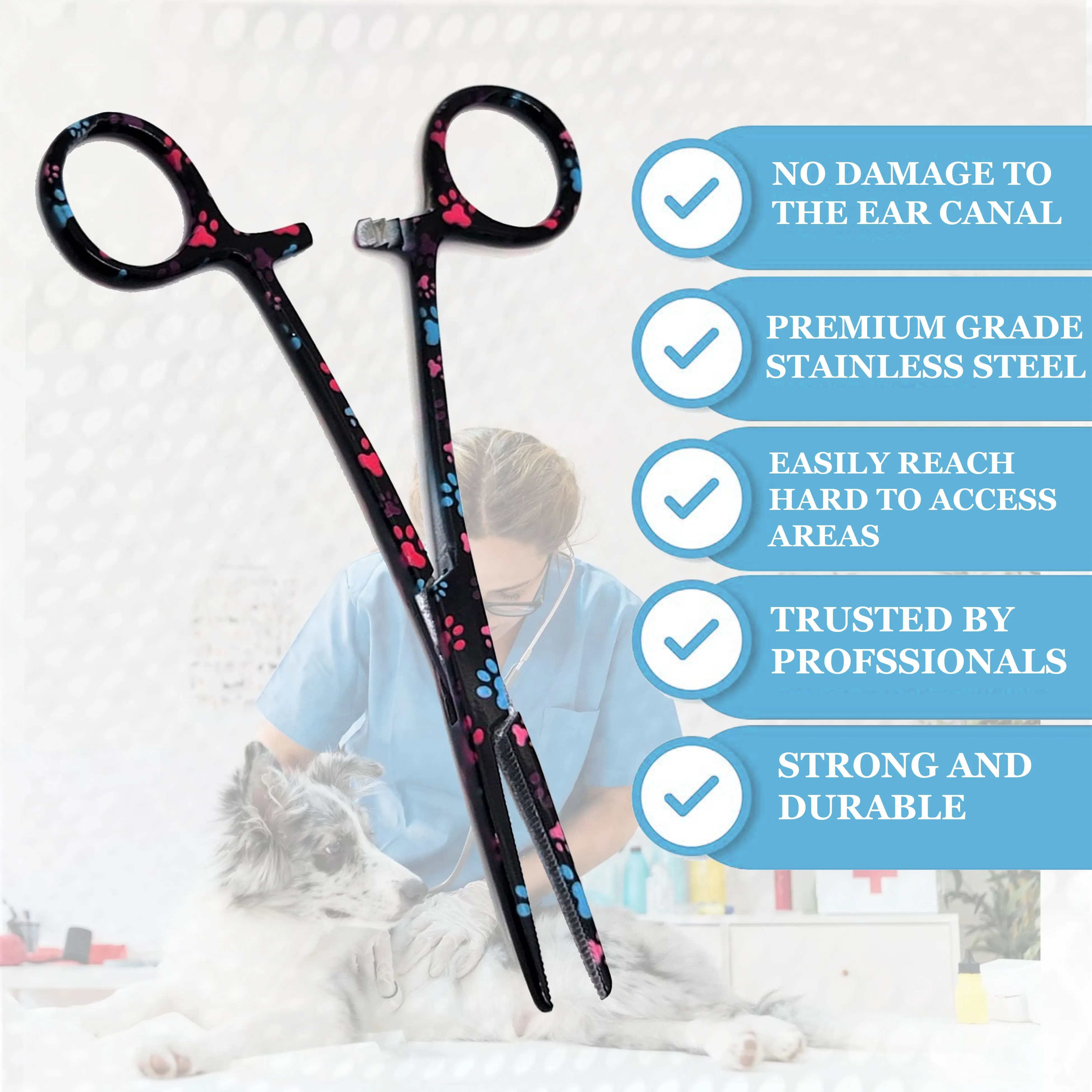 Dog Cat Ear Cleaning Forceps 5.5" STR Pet Hair Pulling Clamp Tweezers Grooming, BLACK Multi Paws