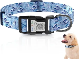 Dog Collar for Small Dogs,Dog Collar with QR Code Name Tag,Soft Polyester Material, Adjustable Pet ID Tag Collar (Blue Wave, Small)