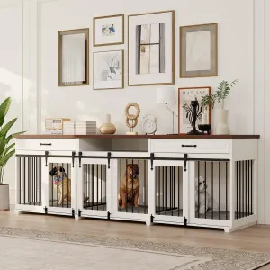 Dog Crate Furniture - Indoor Wooden Dog Furniture Crate with 3 Sliding Barn Doors, 2 Drawers & 1 Shelf, 95"" Lx23.6Wx31.5H, White
