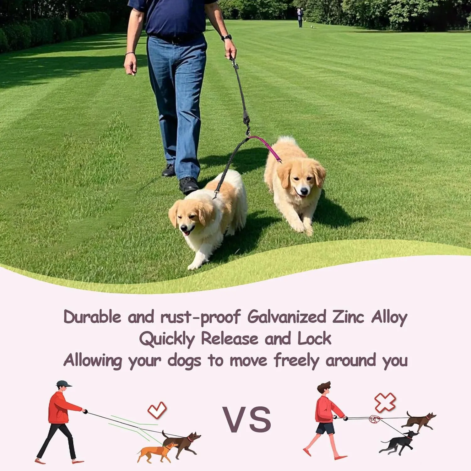 Double Dog Leash - 360Swivel Tangle Free Splitter Attachment, 2 Dogs Multi-Functional Leashes, Dual Rope for Outdoor Walk Train Small Medium Large Two Pet, Fuchsia