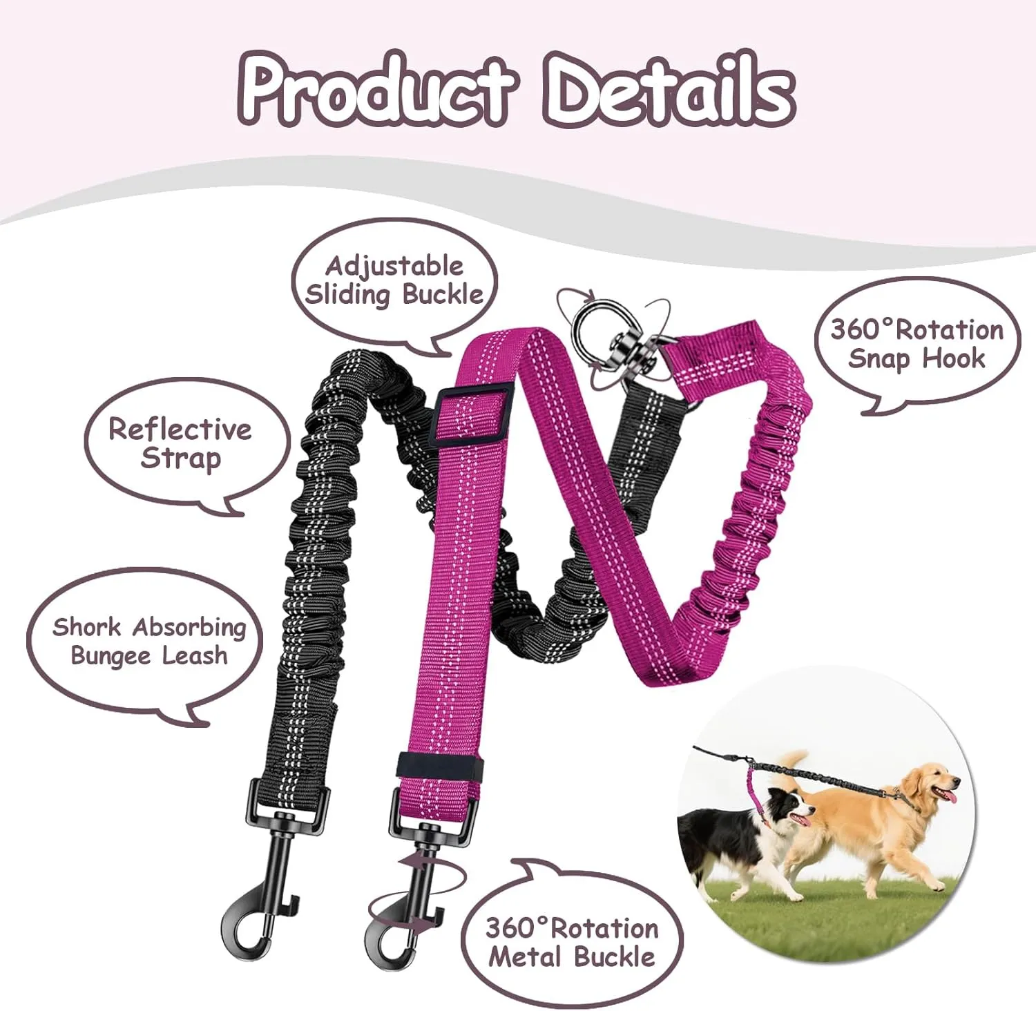 Double Dog Leash - 360Swivel Tangle Free Splitter Attachment, 2 Dogs Multi-Functional Leashes, Dual Rope for Outdoor Walk Train Small Medium Large Two Pet, Fuchsia