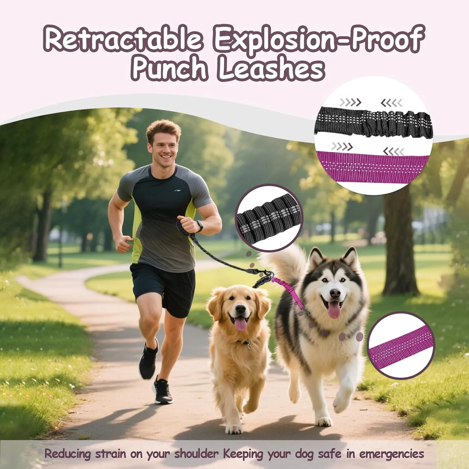 Double Dog Leash - 360Swivel Tangle Free Splitter Attachment, 2 Dogs Multi-Functional Leashes, Dual Rope for Outdoor Walk Train Small Medium Large Two Pet, Fuchsia