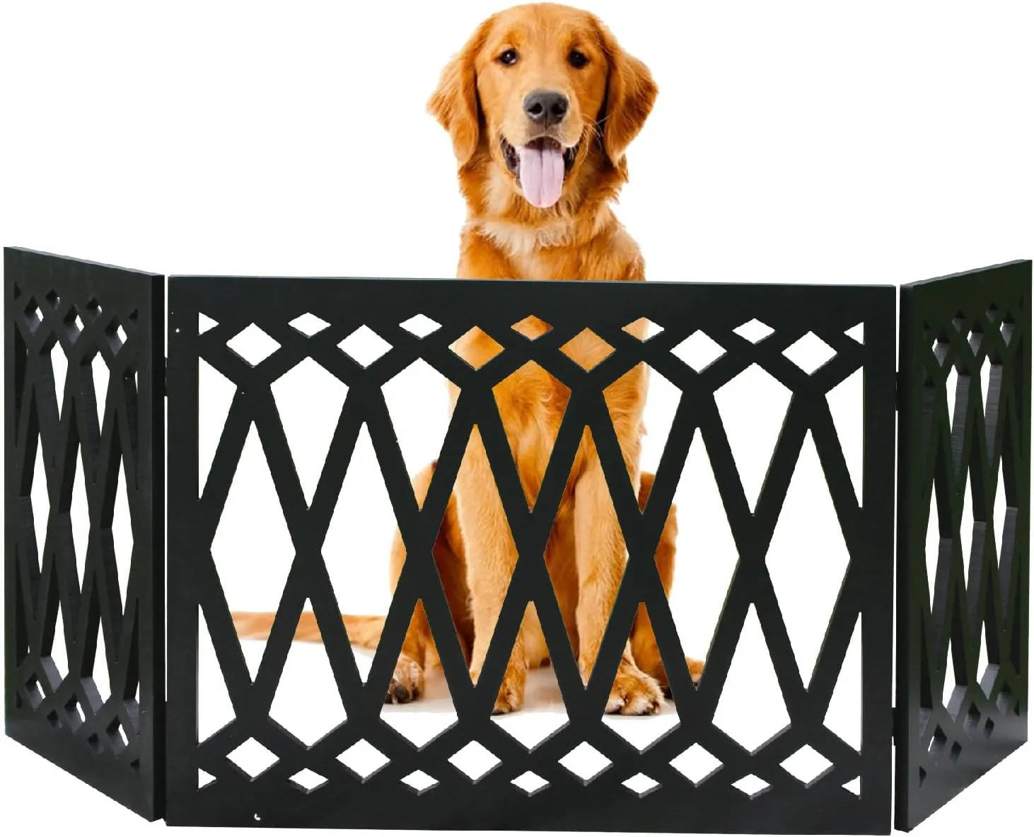 Etna 3-Panel Diamond Design Wood Pet Gate - Decorative Black Tri Fold Dog Fence for Doorways, Stairs - Indoor/Outdoor Pet Barrier - 24-48 Inches Wide x 19 Inches Tall