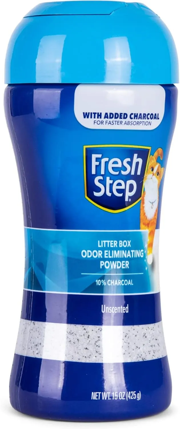 Fresh Step Cat Litter Box Odor Eliminating Powder with Charcoal, Unscented Cat Odor Eliminator for Home, Odor Absorber Cat Litter & Housebreaking Supplies, 15 Ounce