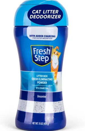 Fresh Step Cat Litter Box Odor Eliminating Powder with Charcoal, Unscented Cat Odor Eliminator for Home, Odor Absorber Cat Litter & Housebreaking Supplies, 15 Ounce