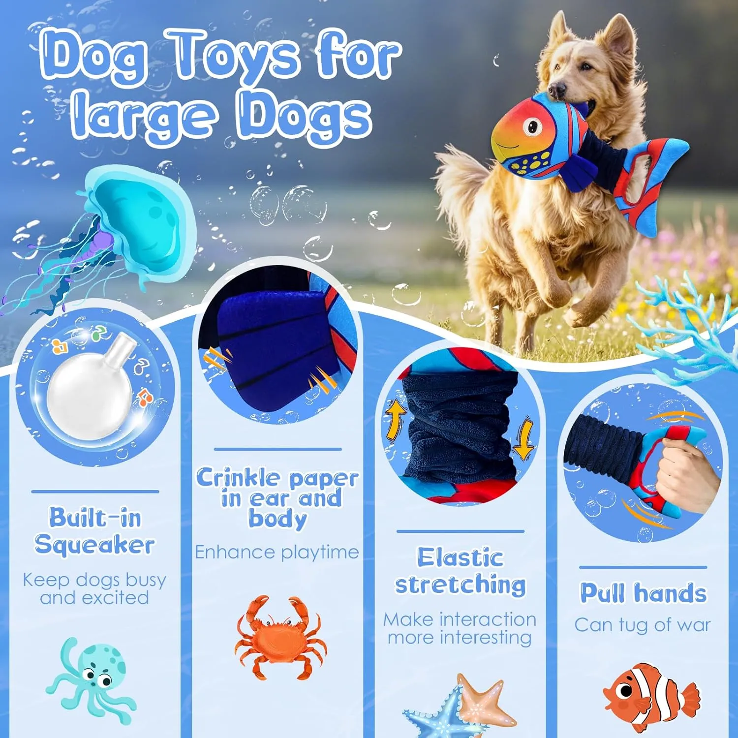Large Squeaky Dog Toys : Plush Stuffed Puppy Toys with Crinkle Paper-Tug of War Dog Toys for Small, Medium and Large Dogs