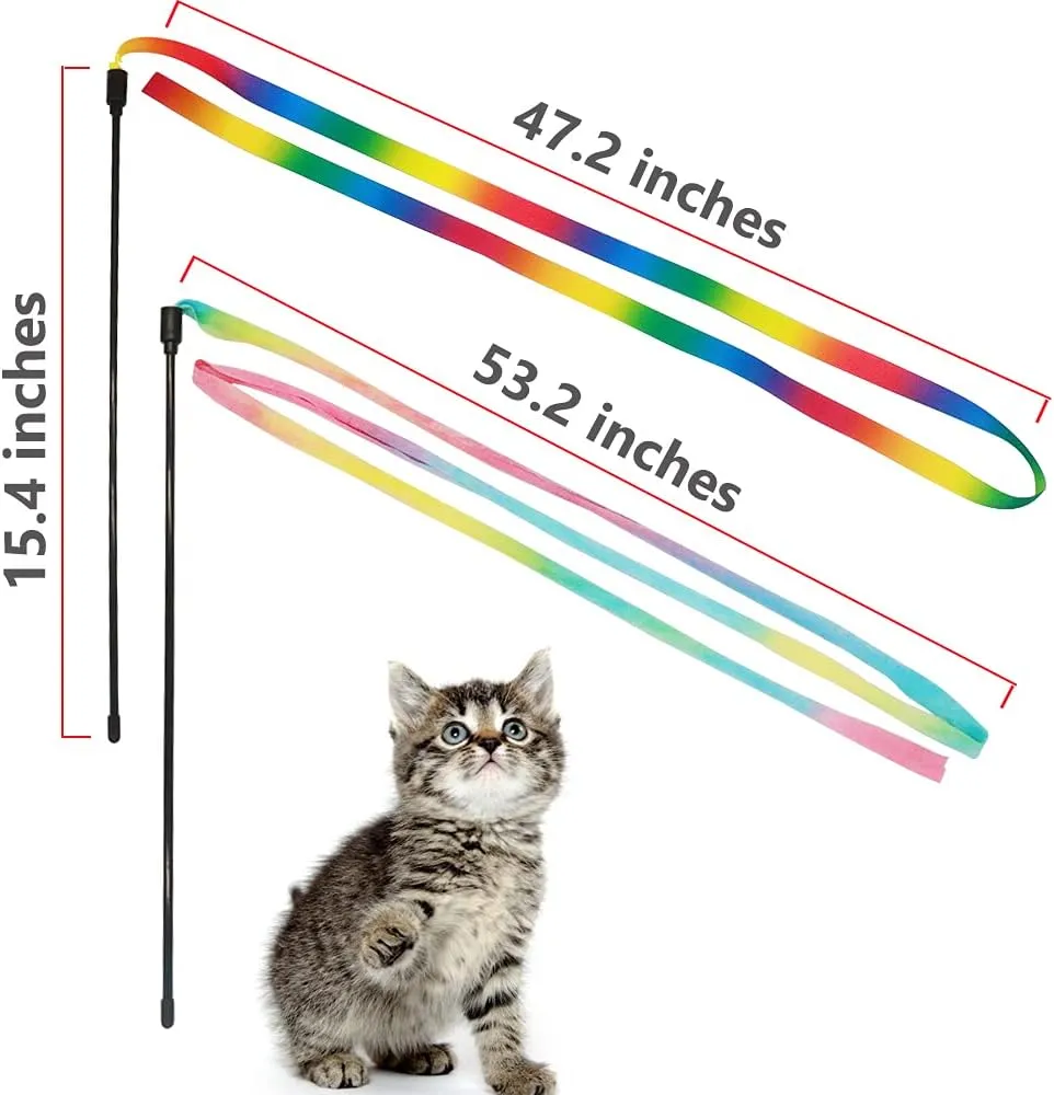 LASOCUHOO Interactive Cat Rainbow Wand Toys, Interactive Cat Teaser Wand String, Colorful Ribbon Charmer for Most Cats and Kittens - 2 Packs