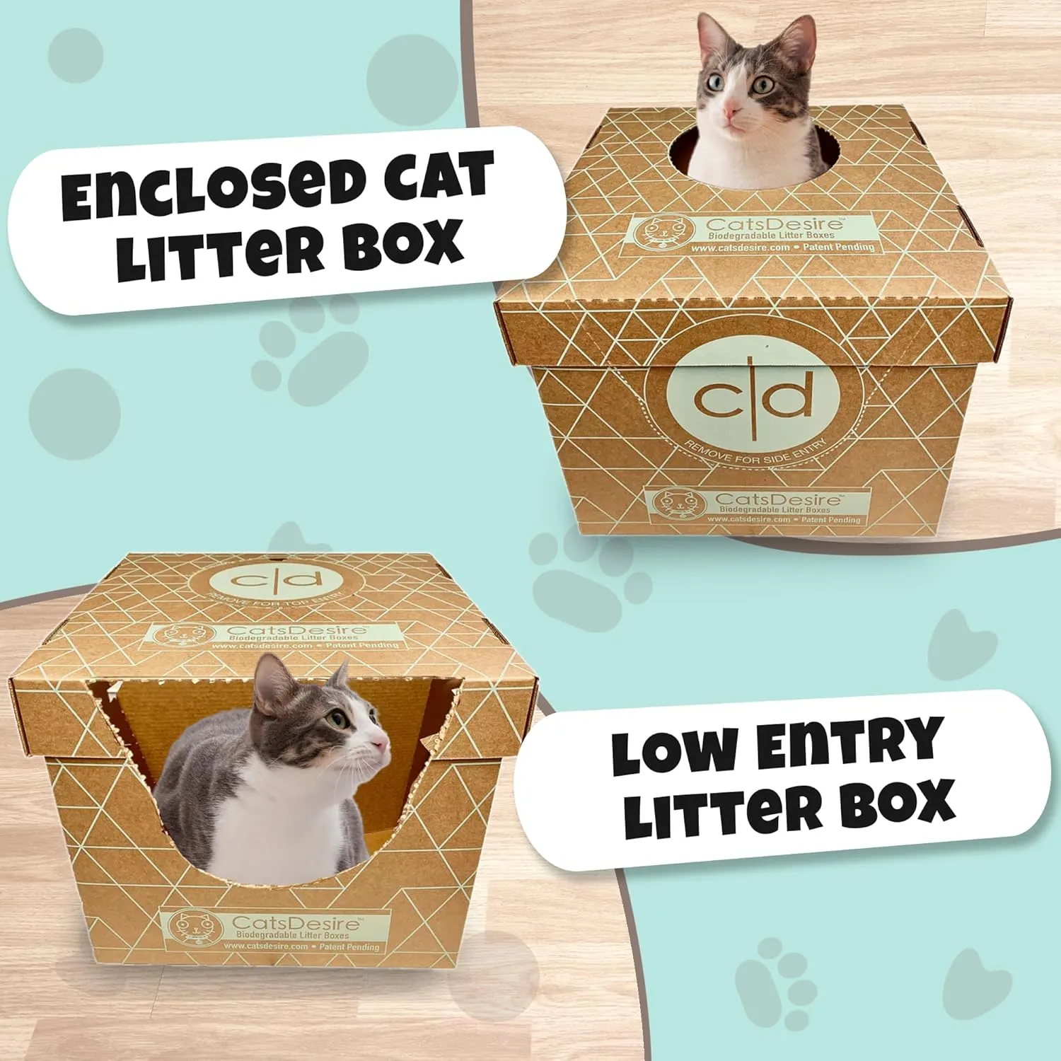 Litter Box - Disposable Litter Box Pack (6 pcs) - Top/Low Entry - Includes 2 lids, 2 Bases and 2 Multipurpose Pads - Partially Recycled Cardboard, 17" L x 17" W x 15.25" H