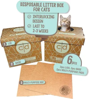 Litter Box - Disposable Litter Box Pack (6 pcs) - Top/Low Entry - Includes 2 lids, 2 Bases and 2 Multipurpose Pads - Partially Recycled Cardboard, 17" L x 17" W x 15.25" H