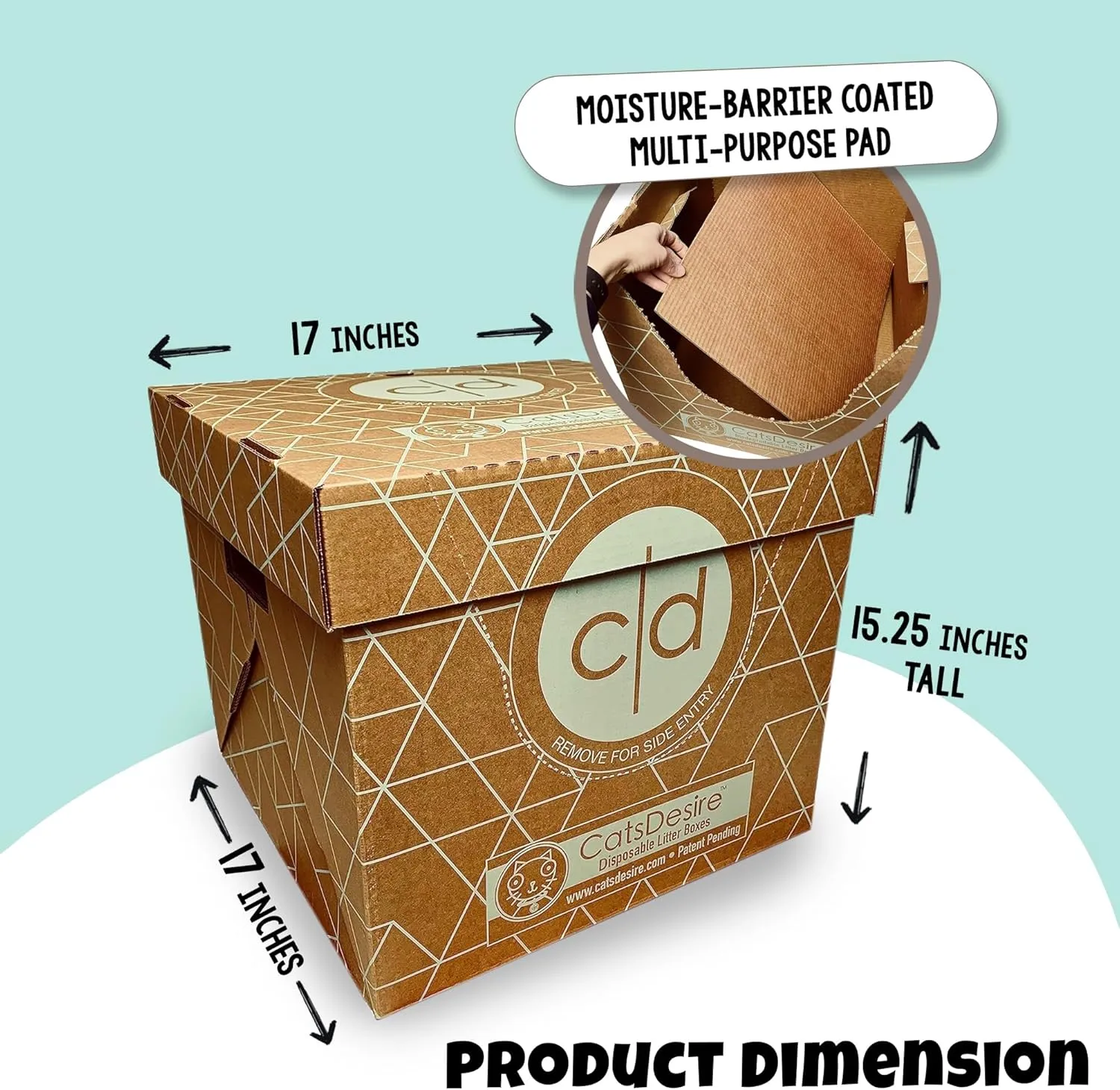 Litter Box - Disposable Litter Box Pack (6 pcs) - Top/Low Entry - Includes 2 lids, 2 Bases and 2 Multipurpose Pads - Partially Recycled Cardboard, 17" L x 17" W x 15.25" H