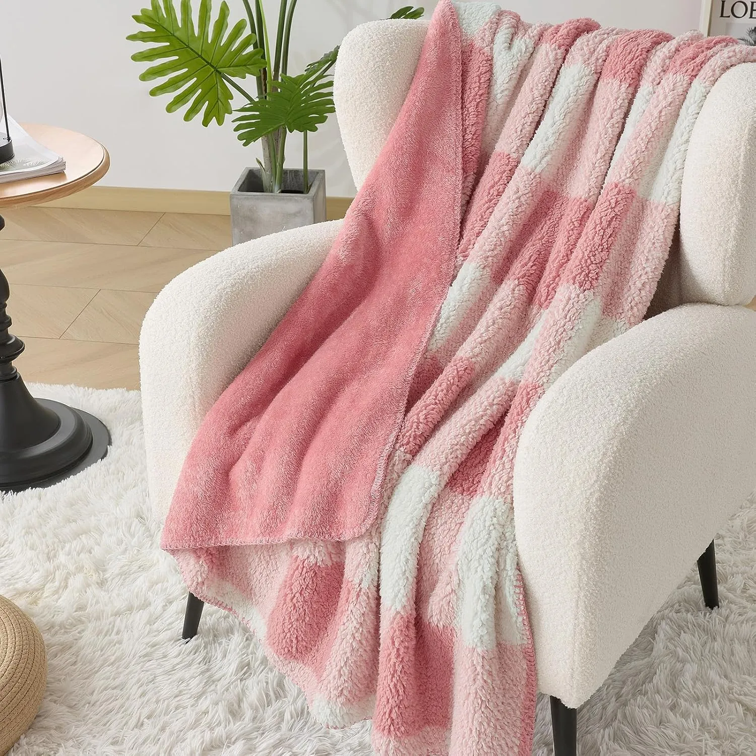 LURKA Checkered Sherpa & Polar Fleece Throw Blanket - 2-Sided Luxury Hypoallergenic Blankets for Couch, Bed, Pets (Powder Pink, Twin(60"x80"))