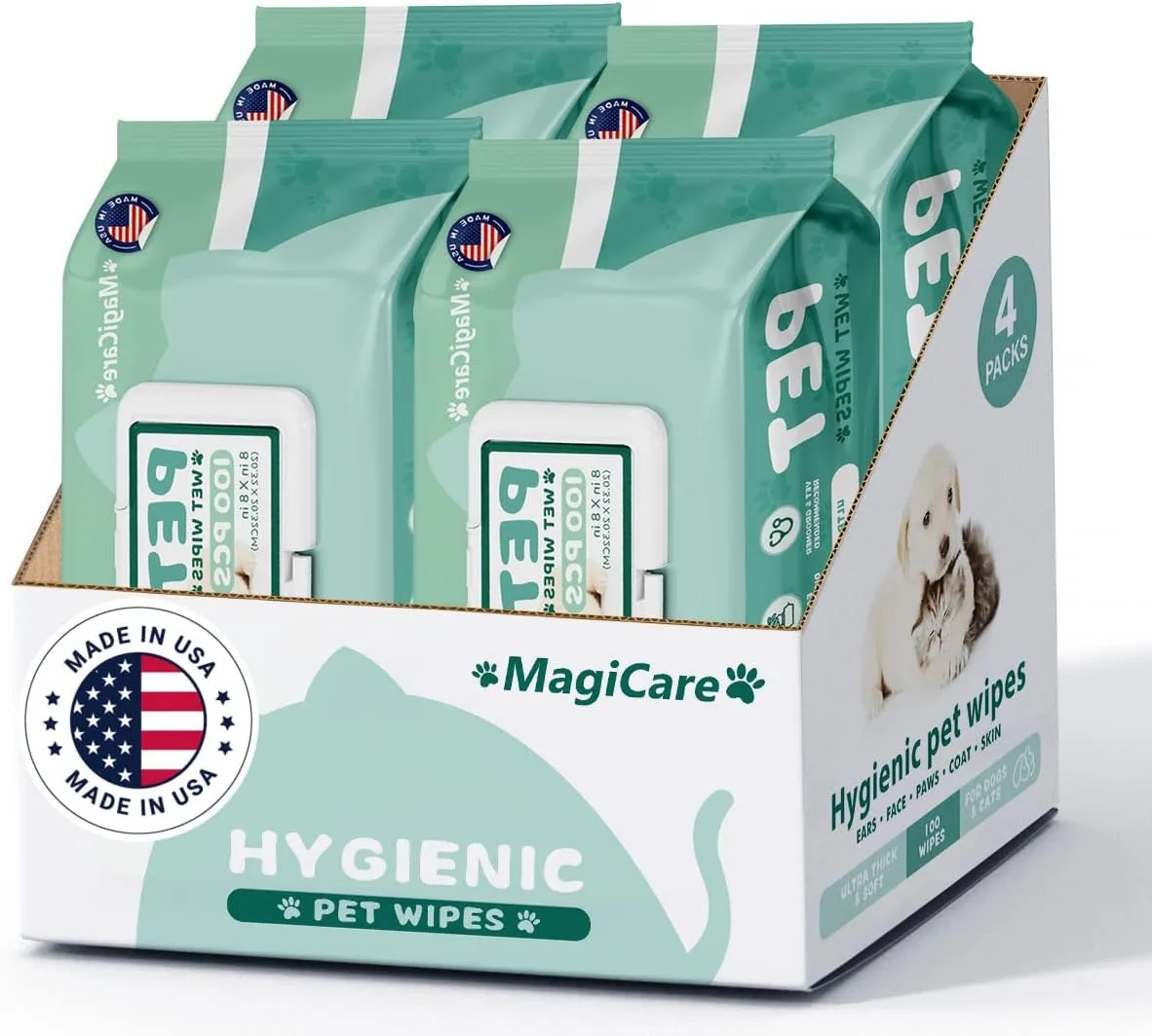 MAGICARE Dog Wipes for Paws, Butt, Ears & Eyes  400 Extra Wet & Thick Unscented Grooming Pet Wipes for Dogs & Cats  Deodorizing, Hypoallergenic  Made in USA